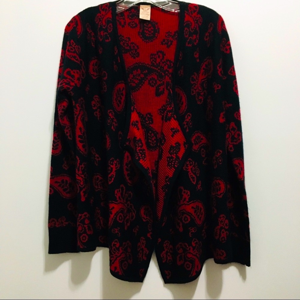 Faded Glory Women’s Black & Red Maroon Burgundy Cranberry Knit Peasant Cardigan
